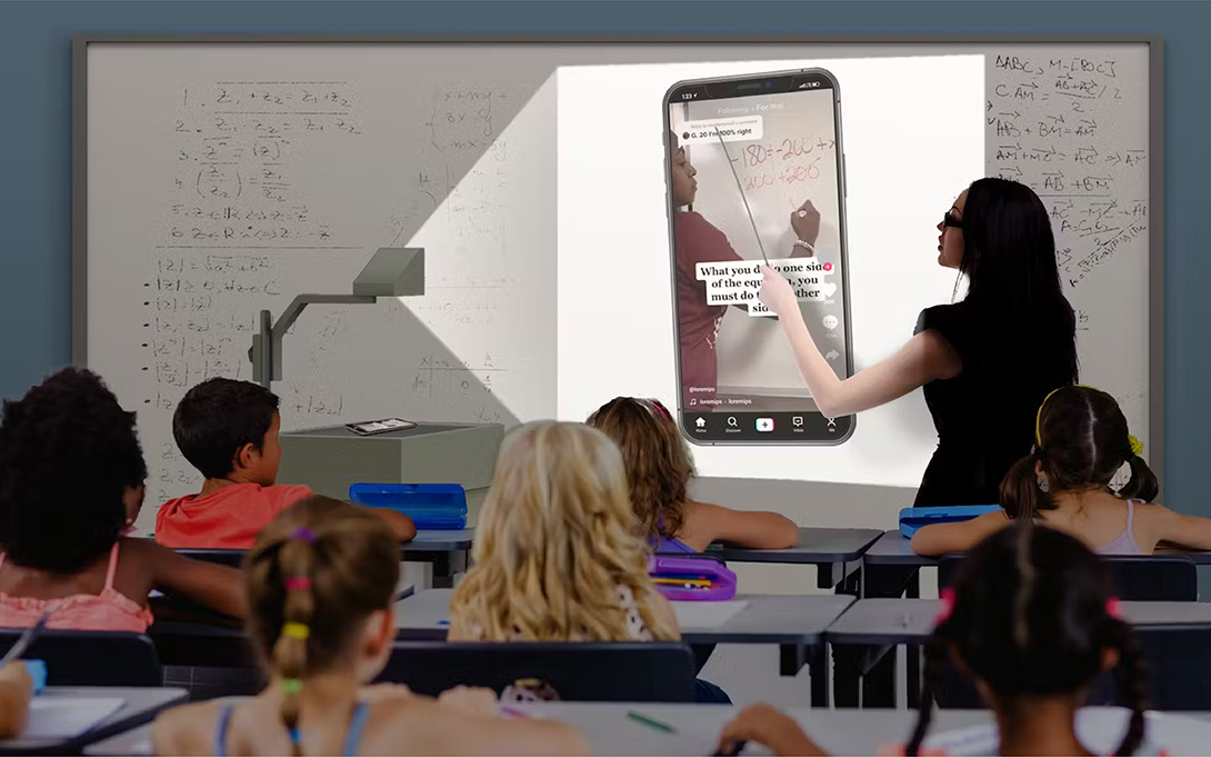 A teacher projecting a tiktok math video in class to capture student attention