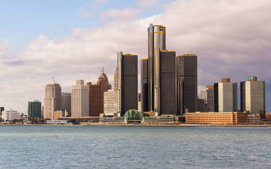 The skyline of Detroit river and buildings