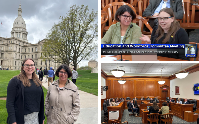 3 photos of Catherine Asher and Robin Jacob in Lansing - in front of the Capitol and testifying before a committee