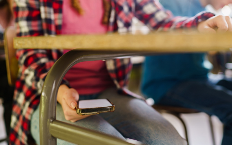 Close-up of unrecognizable teenage girl using cell phone under the table during a class at school