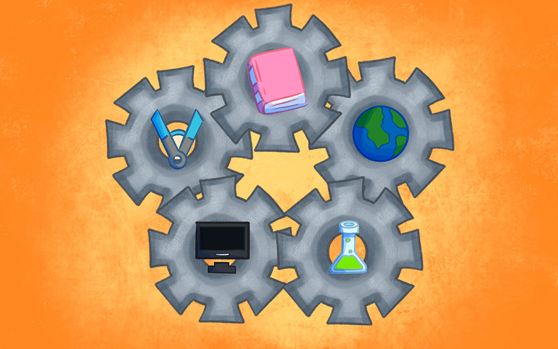 An illustration of gears with icons symbolizing academic subjects on them.