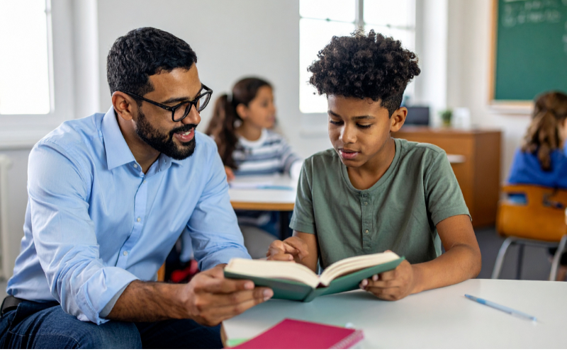 Male teacher looking at a book with a male student in a classroom