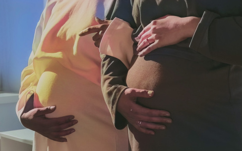 two pregnant women holding their bellies carefully